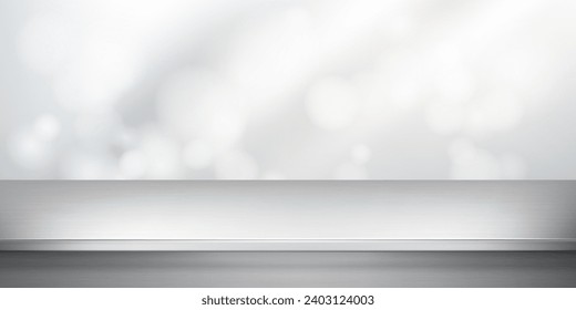 Metal tabletop on bokeh abstract background. Kitchen steel table or countertop. Realistic vector illustration
