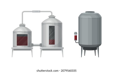 Metal Tank with Grape Juice as Alcoholic Fermentation Vector Set