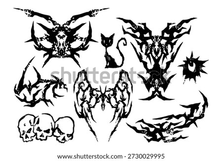 Metal tattoo set, gothic cyber body ornament shapes kit, Celtic vector abstract Hawaiian sign. Maori sleeve symbol y2k Polynesian metal abstract symmetry swirl wing.