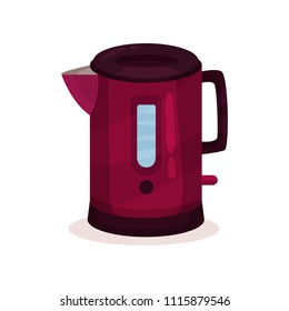 Metal tea kettle with small spout and handle. Home appliance. Flat vector element for advertising banner or flyer of household store