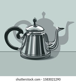 metal teapot with black handle, vector  clip art on background
