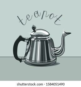 metal teapot with black  handle, vector clip art on gray isolated background with inscription