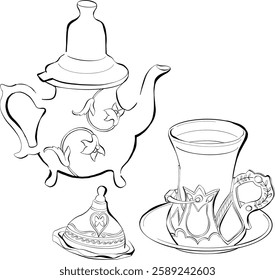 A metal teapot, a glass with a tea for Ramadan Iftar hand drawn style vector