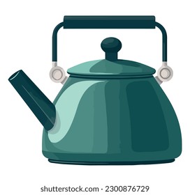 Metal teapot with handle boils liquid tea over white
