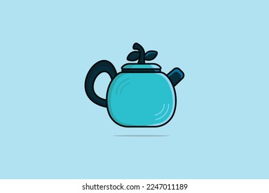 Metal Teapot vector illustration. Food and drink object icon concept. Breakfast Teapot with closed lid icon design on blue background. Pottery fictile, clay teakettle vector design with shadow.