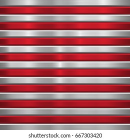 Metal technology background with red horizontal stripes, polished, brushed texture, chrome, silver, steel, aluminum and bevels for design concepts, wallpapers, web, prints. Vector illustration.