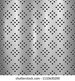 Metal technology background with with seamless circle perforated pattern and circular polished, brushed texture, chrome, silver, steel for design concepts, web, prints, wallpapers. Vector illustration