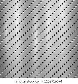 Metal technology background with with seamless circle perforated pattern and circular polished, brushed texture, chrome, silver, steel for design concepts, web, prints, wallpapers. Vector illustration