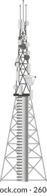 Metal telecommunication tower rising high against a cloudless sky, featuring various antennas and a satellite dish, delivering essential wireless communication services and connectivity