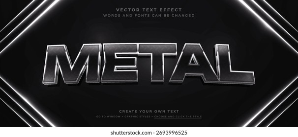 Efecto de texto de metal sobre fondo oscuro con marco de diamante de neón brillante