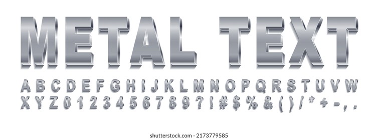 Metal text set. Collection of inscriptions in silver color, iron shade. Graphic elements for website, program and typography. Cartoon realistic vector illustrations i solated on white background