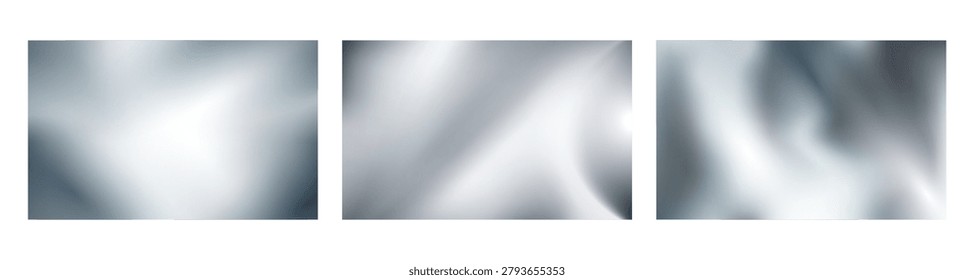 Metal texture backdrops set with brushed and polished finishes. Vector metallic surfaces with light reflection. Technology or machinery presentation, construction or digital interface backgrounds