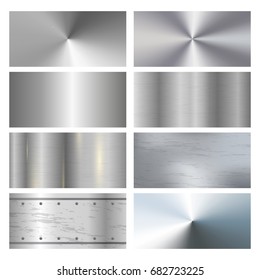 Metal texture background with rivets. Metal surface finishing texture realistic icons collection with satin brushed and polish samples. Metal texture realistic sheets horizontal banners set of panels.