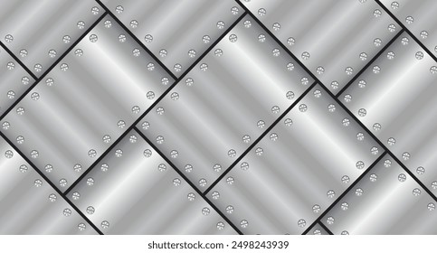 Metal texture background with screws. Aluminium plate with screws. Steel background. Vector illustration