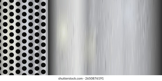 Metal texture with black round holes on the left and vertical shiny lines of metal texture on the right. Modern techno design of iron surface with industrial shade.