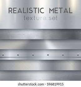 Metal texture realistic sheets horizontal banners set of panels surface finish patterns samples with rivets vector illustration 