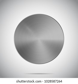 Metal texture template with realistic shadow and glare on gradient background. Metallic round surface. Vector illustration. Mockup for medal, button, print, web, technology. Steel, iron, aluminum icon