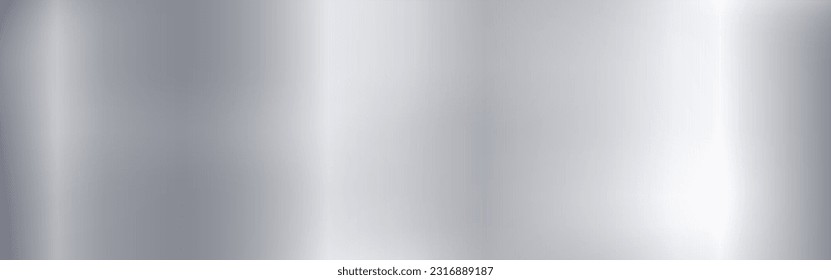 Metal texture. Wide silver material. Steel background with light. Brushed metal effect. Metallic backdrop with reflections. Realistic metal sheet. Vector illustration.