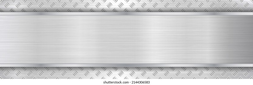 Metal texture wide. Silver polished backdrop. Glossy steel with bright frame. Titanium plate with light effect. Gray iron material with border. Shiny metal design. Vector illustration.