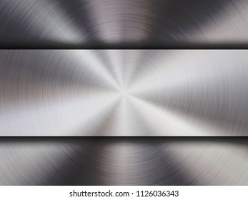 Metal textured abstract technology background with circular polished, brushed concentric texture, chrome, silver, steel, aluminum for design concepts, wallpapers, web and prints. Vector illustration.