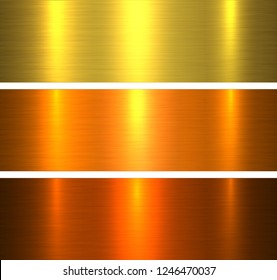 Metal textures gold, brushed metallic warm backgrounds vector illustration.