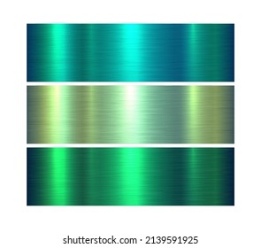 Metal textures set, shiny green lustrous metallic backgrounds, brushed metal vector illustration.