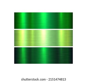 Metal textures set, shiny green lustrous metallic backgrounds, brushed metal vector illustration.