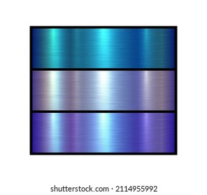 Metal textures set, shiny multicolored lustrous metallic backgrounds, brushed metal vector illustration.