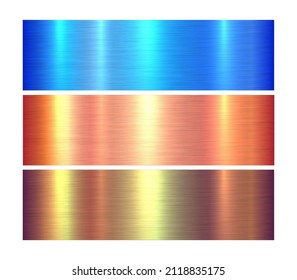 Metal textures set, shiny multicolored lustrous metallic backgrounds, brushed metal vector illustration.