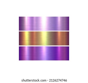 Metal textures set, shiny multicolored lustrous metallic backgrounds, brushed metal vector illustration.