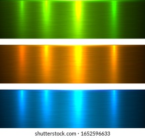 Metal textures shiny blue green and gold brushed metallic background, vector illustration.