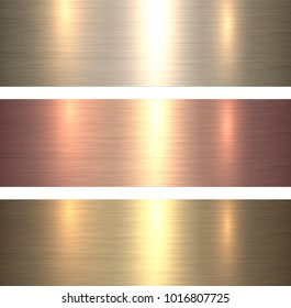 Metal textures warm colors, brushed metallic backgrounds, vector illustration.