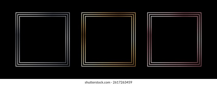 Metal thin frame set. Shiny golden and silver foil border collection. Gold glowing geometric boarder bundle in art deco style. Linear rectangular element pack for photo, cadre, card, emblem. Vector 