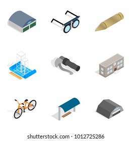 Metal thing icons set. Isometric set of 9 metal thing vector icons for web isolated on white background