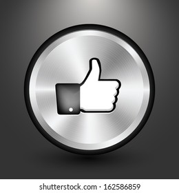 Metal thumbs-up button icon design, Vector image on grey background.