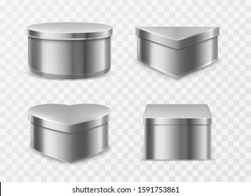 Metal tin boxes for coffee, tea or candies. Vector realistic mockup of round, square, triangle and heart shape cans for packaging dry products, biscuits and sweets isolated on transparent background