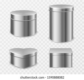 Metal tin boxes for tea, candies or coffee. Vector realistic mockup of small and tall round, square and heart shape cans for packaging dry products and sweets isolated on transparent background