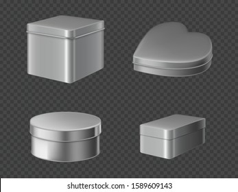 Metal tin boxes for tea, coffee or candies. Vector realistic mockup of round, square and heart shape cans for packaging dry products, biscuits and sweets isolated on transparent background