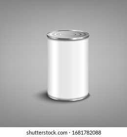 Metal tin can with blank white label with empty copy space for canned food packaging design. Silver steel or aluminium jar on grey background - vector illustration