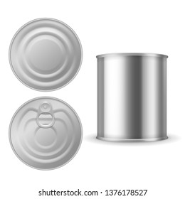 Metal tin can. Canned foods mockup, aluminium steel package closed with ring pull, realistic silver blank vector isolated packaging template