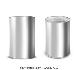 Metal tin can for food front and angle view. Vector realistic mockup of blank aluminum container with ring pull on lid. Round steel canister for soup, milk, beans or meat isolated on white background