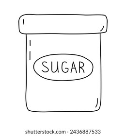 Metal tin or can with label sugar, doodle vector outline for coloring book