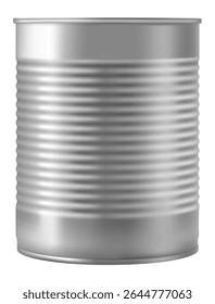 Metal estanho pode preservar alimentos, recipiente de armazenamento para produtos de longa vida útil, produtos enlatados, forma do cilindro, isolado no fundo branco, ilustração vetor realista