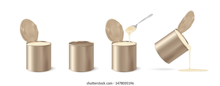 Metal tin realistic. Condensed milk. Condensed milk can. 3D vector illustration on white background