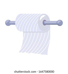 Metal toilet paper holder attached to wall and roll. Bathroom, lavatory, cloakroom or toilet room interior element. Personal hygiene product. Vector illustration isolated on white background.