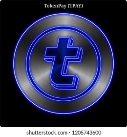 Metal TokenPay (TPAY) cryptocurrency coin with blue neon glow.