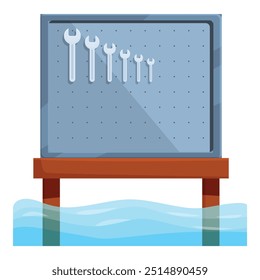 Metal tool board with various sized wrenches is partially submerged by rising flood water