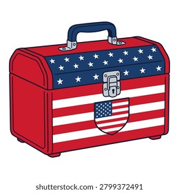 Metal tool box illustration, red white and blue colors, stars and stripes pattern, holiday object.