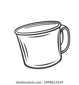 Icono de la línea de la taza del turista del metal. Taza retro dibujada a mano con la manija, el acero o la olla de la lata para el agua, el té caliente o el café. Herramienta de campamento, mascota de senderismo, Ilustración vectorial de icono de taza de esmalte de camping antiguo