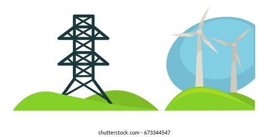 Metallturm für Drähte und Windgenerationen auf grünem Feld